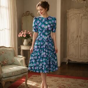 80s E.D. Michaels Floral Rayon Midi Dress Purple Teal Puff Sleeve - S